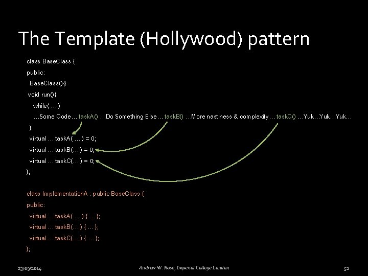 The Template (Hollywood) pattern class Base. Class { public: Base. Class(){} void run(){ while(