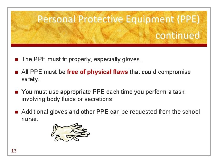 Personal Protective Equipment (PPE) continued n The PPE must fit properly, especially gloves. n