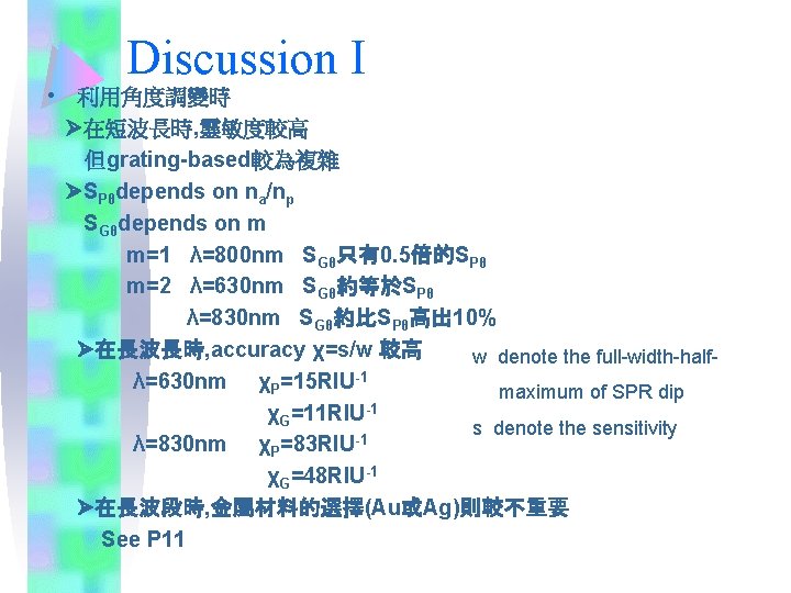 Discussion I • 利用角度調變時 在短波長時, 靈敏度較高 但grating-based較為複雜 SPθdepends on na/np SGθdepends on m m=1