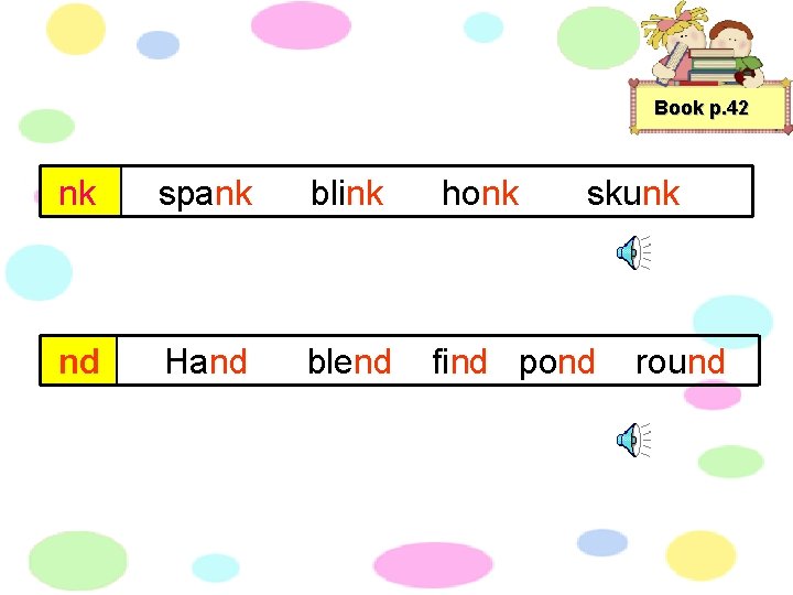 Book p. 42 nk spank blink honk skunk nd Hand blend find pond round