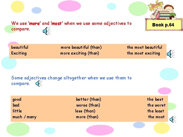 We use ‘more’ and ’most’ when we use some adjectives to compare. beautiful Exciting