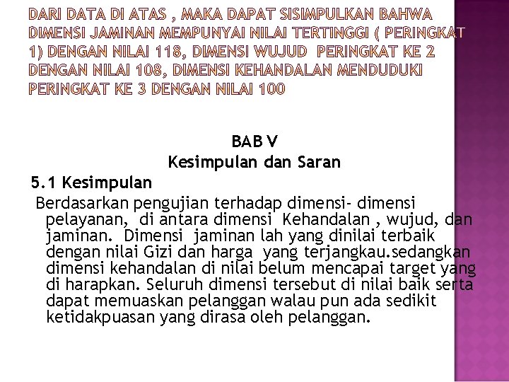BAB V Kesimpulan dan Saran 5. 1 Kesimpulan Berdasarkan pengujian terhadap dimensi- dimensi pelayanan,