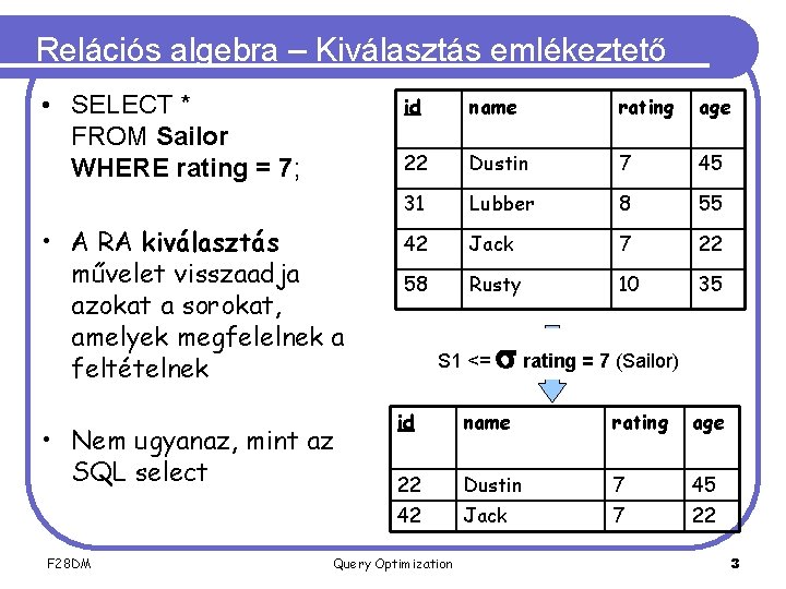Relációs algebra – Kiválasztás emlékeztető • SELECT * FROM Sailor WHERE rating = 7;