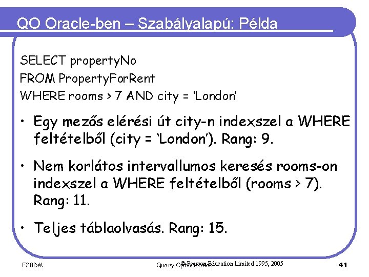 QO Oracle-ben – Szabályalapú: Példa SELECT property. No FROM Property. For. Rent WHERE rooms
