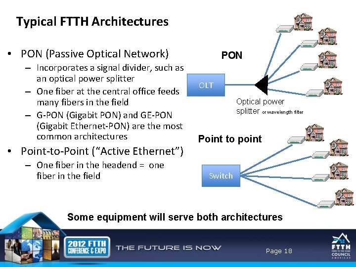 Typical FTTH Architectures • PON (Passive Optical Network) – Incorporates a signal divider, such
