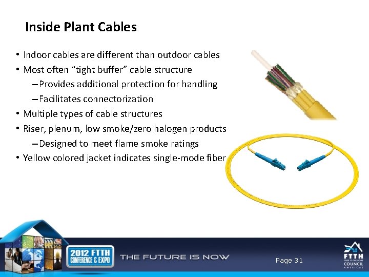Inside Plant Cables • Indoor cables are different than outdoor cables • Most often