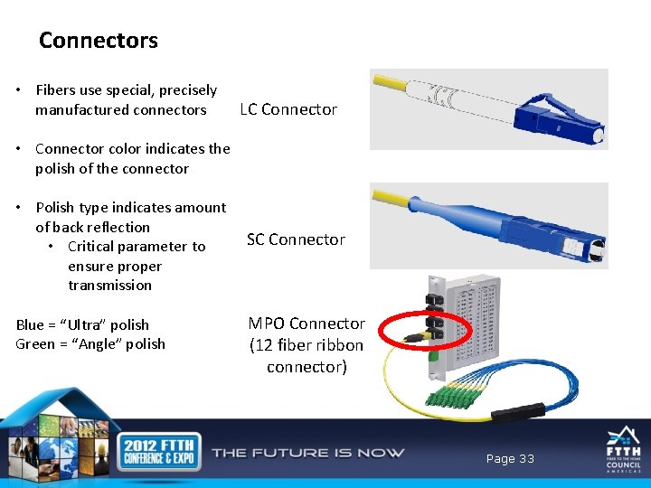 Connectors • Fibers use special, precisely manufactured connectors LC Connector • Connector color indicates