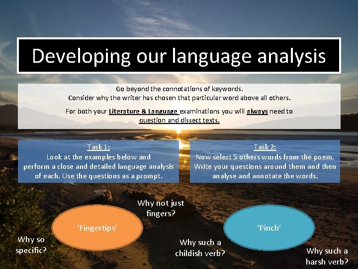 Developing our language analysis Go beyond the connotations of keywords. Consider why the writer