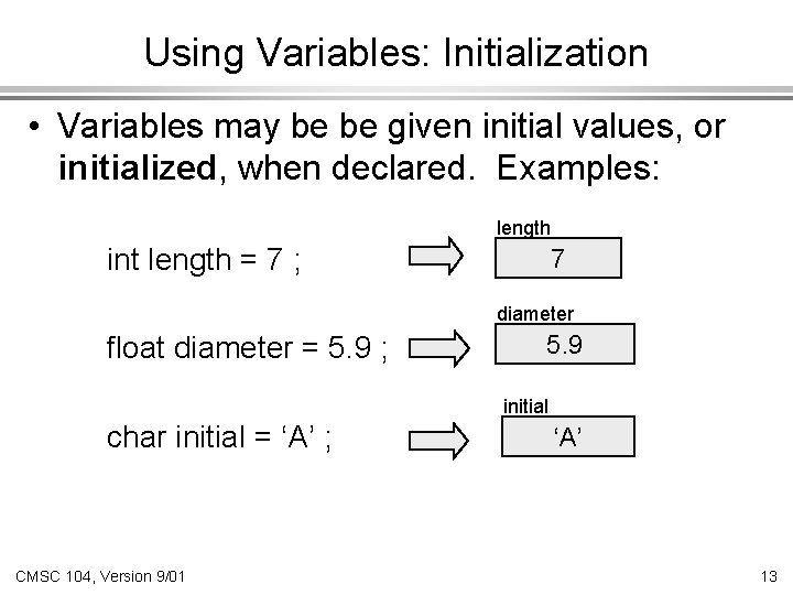 Using Variables: Initialization • Variables may be be given initial values, or initialized, when
