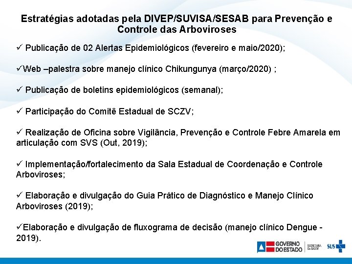 Estratégias adotadas pela DIVEP/SUVISA/SESAB para Prevenção e Controle das Arboviroses ü Publicação de 02