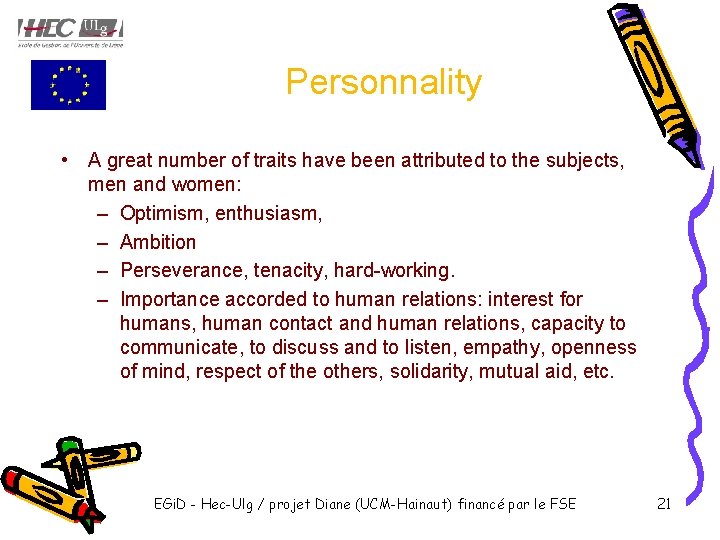 Personnality • A great number of traits have been attributed to the subjects, men