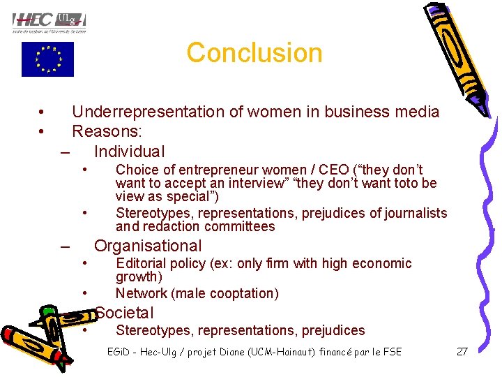 Conclusion • • Underrepresentation of women in business media Reasons: – Individual • •