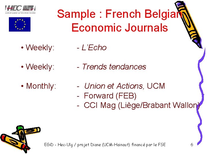 Sample : French Belgian Economic Journals • Weekly: - L’Echo • Weekly: - Trends