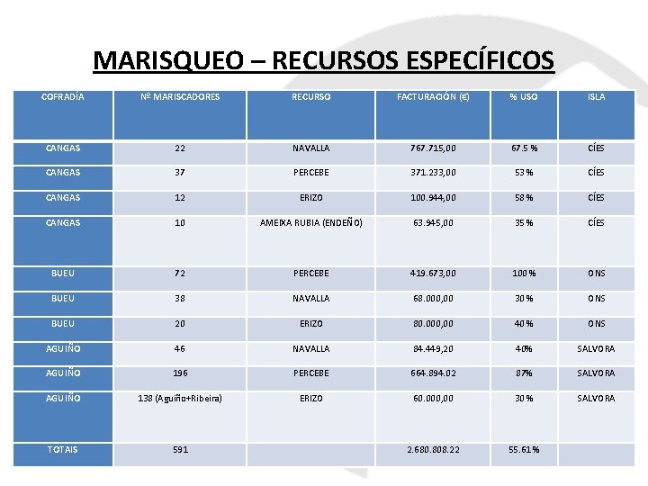 MARISQUEO – RECURSOS ESPECÍFICOS COFRADÍA Nº MARISCADORES RECURSO FACTURACIÓN (€) % USO ISLA CANGAS
