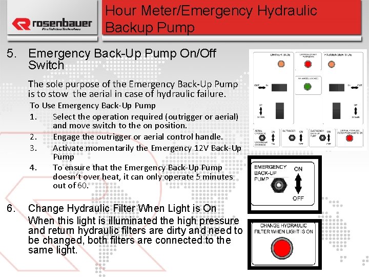 Hour Meter/Emergency Hydraulic Backup Pump 5. Emergency Back-Up Pump On/Off Switch The sole purpose
