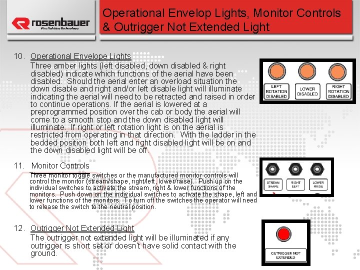 Operational Envelop Lights, Monitor Controls & Outrigger Not Extended Light 10. Operational Envelope Lights