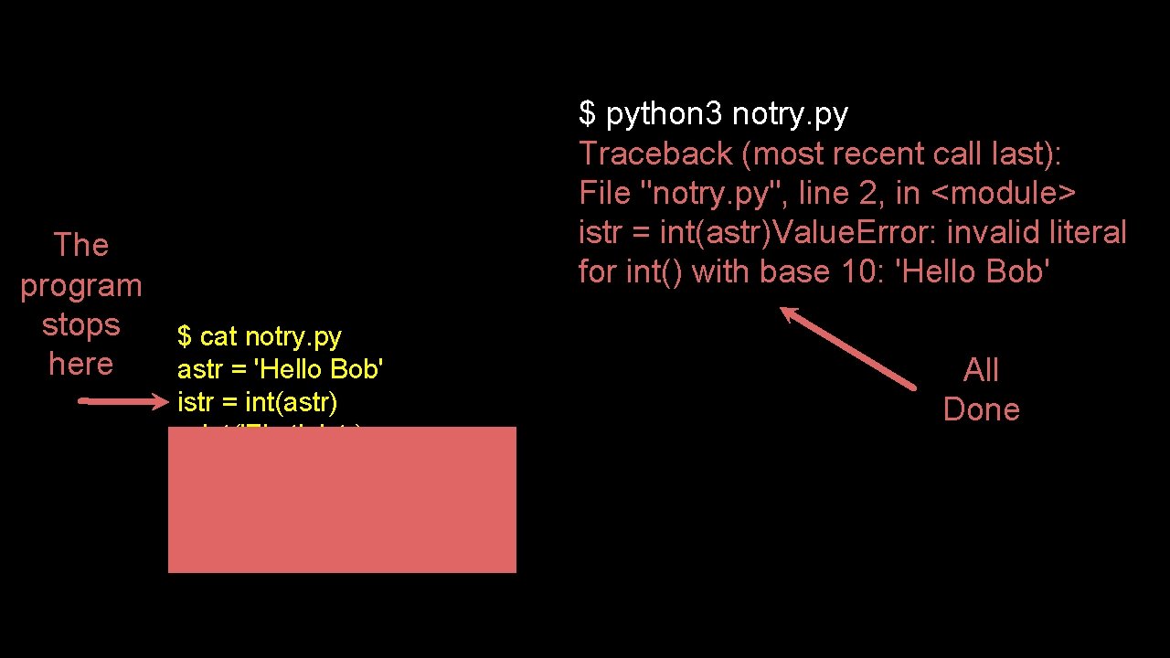 The program stops here $ python 3 notry. py Traceback (most recent call last):