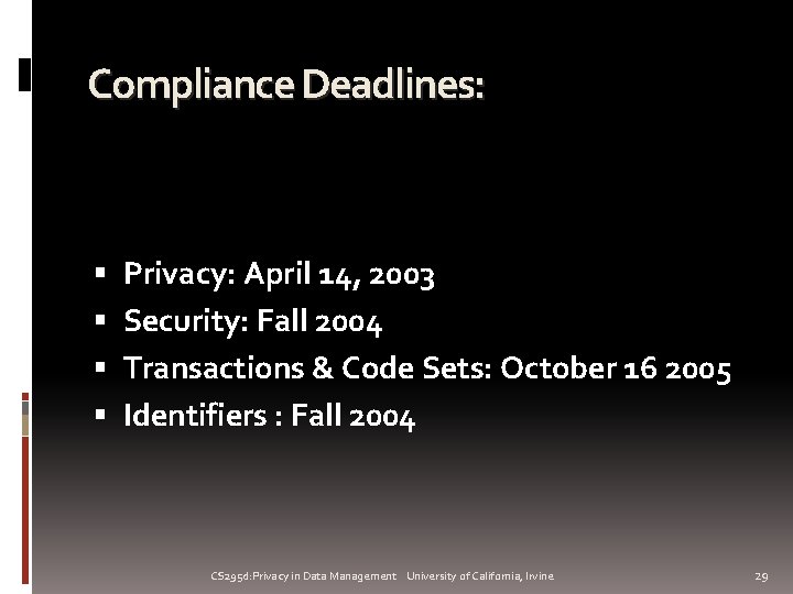Compliance Deadlines: Privacy: April 14, 2003 Security: Fall 2004 Transactions & Code Sets: October