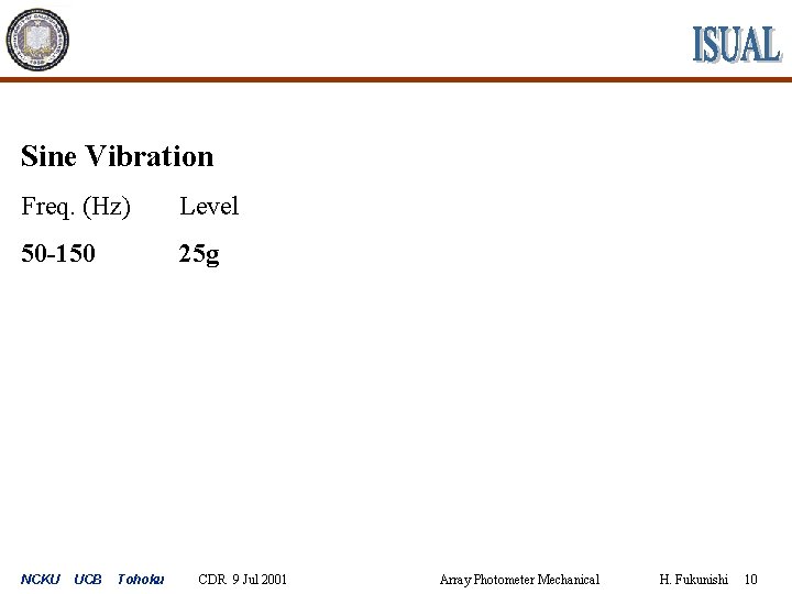 Sine Vibration Freq. (Hz) Level 50 -150 25 g NCKU UCB Tohoku CDR 9