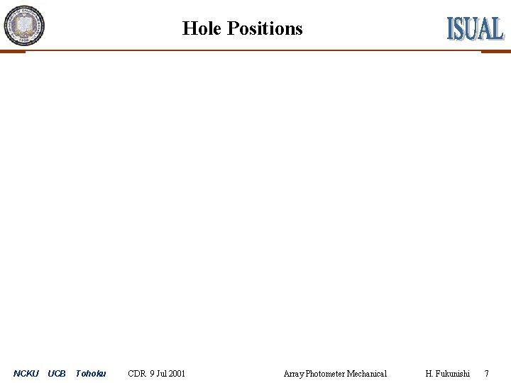 Hole Positions NCKU UCB Tohoku CDR 9 Jul 2001 Array Photometer Mechanical H. Fukunishi