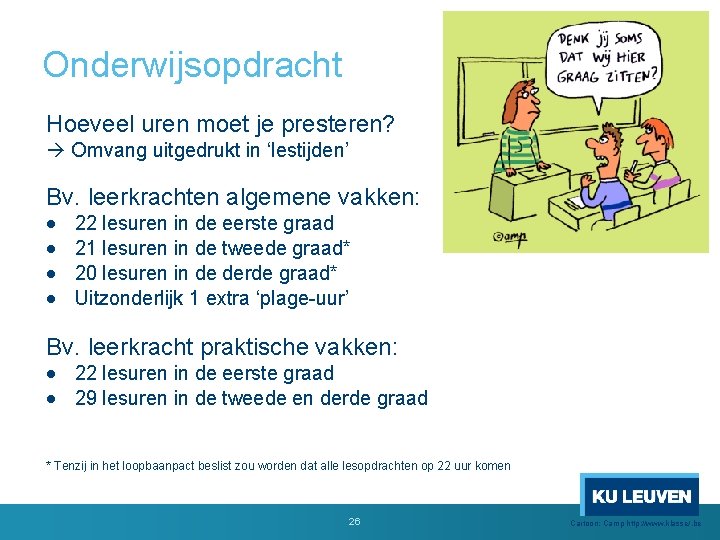 Onderwijsopdracht Hoeveel uren moet je presteren? Omvang uitgedrukt in ‘lestijden’ Bv. leerkrachten algemene vakken: