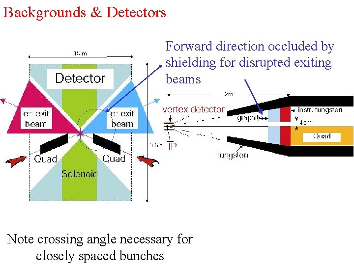 Backgrounds & Detectors Forward direction occluded by shielding for disrupted exiting beams Note crossing