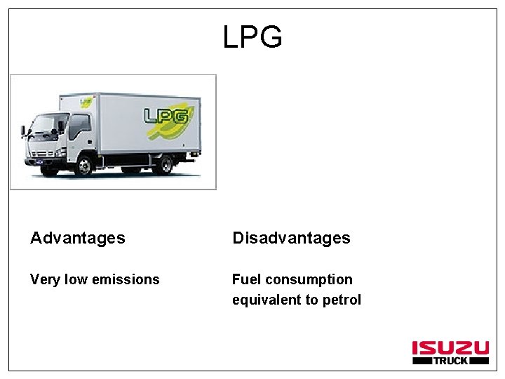 LPG Advantages Disadvantages Very low emissions Fuel consumption equivalent to petrol 