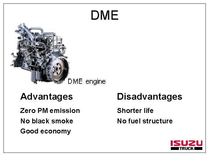 DME Advantages Disadvantages Zero PM emission Shorter life No black smoke Good economy No