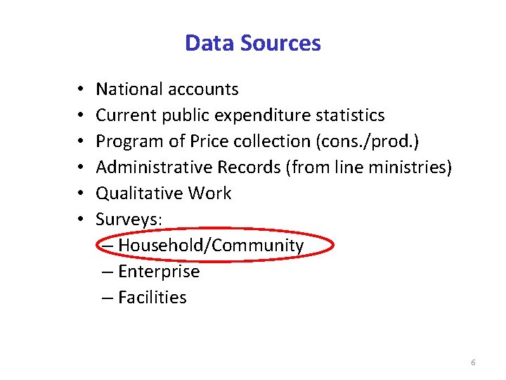 Data Sources • • • National accounts Current public expenditure statistics Program of Price