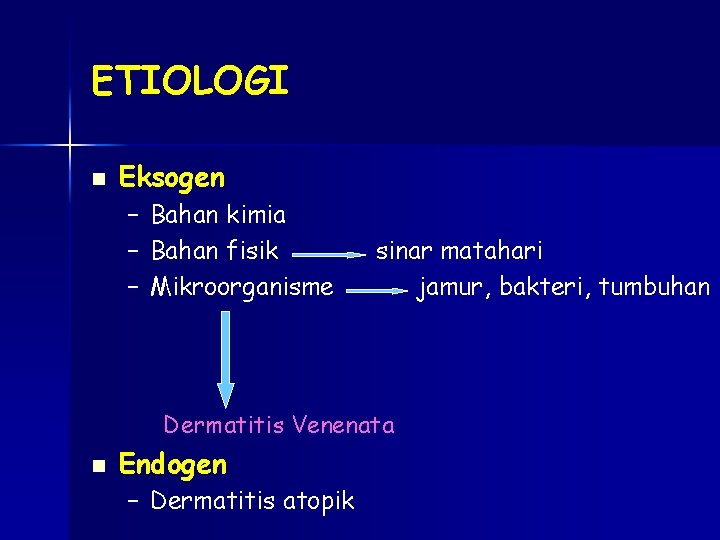 ETIOLOGI n Eksogen – – – Bahan kimia Bahan fisik Mikroorganisme sinar matahari jamur,