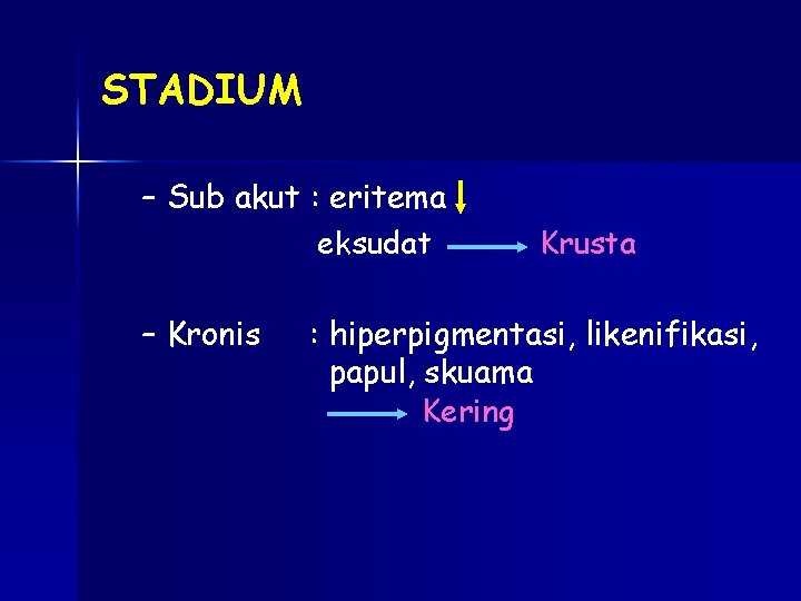 STADIUM – Sub akut : eritema eksudat – Kronis Krusta : hiperpigmentasi, likenifikasi, papul,