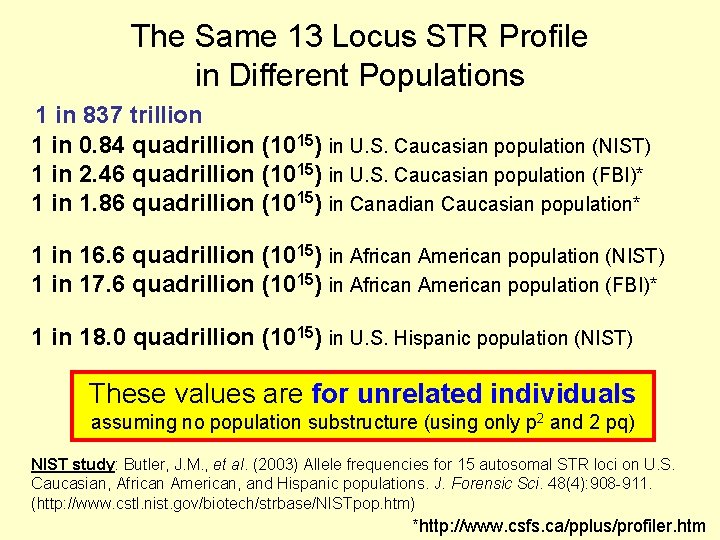 The Same 13 Locus STR Profile in Different Populations 1 in 837 trillion 1