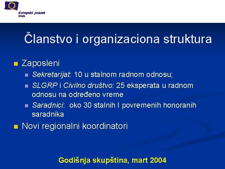 Članstvo i organizaciona struktura n Zaposleni n n Sekretarijat: 10 u stalnom radnom odnosu;