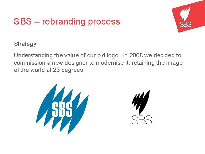 SBS – rebranding process Strategy Understanding the value of our old logo, in 2008