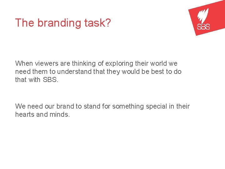 The branding task? When viewers are thinking of exploring their world we need them