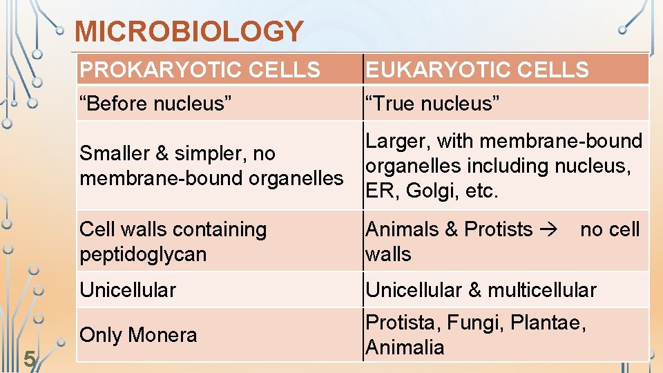 MICROBIOLOGY 5 PROKARYOTIC CELLS EUKARYOTIC CELLS “Before nucleus” “True nucleus” Smaller & simpler, no