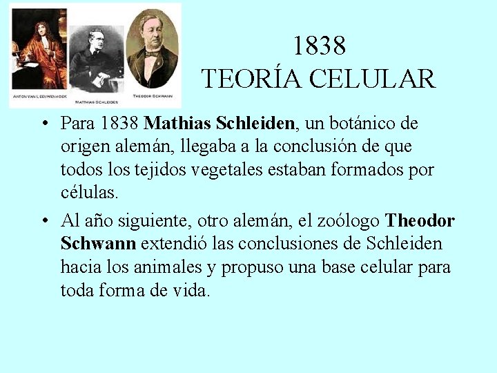 1838 TEORÍA CELULAR • Para 1838 Mathias Schleiden, un botánico de origen alemán, llegaba