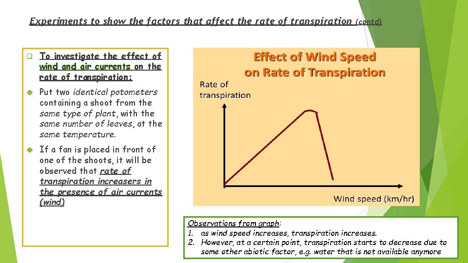 Experiments to show the factors that affect the rate of transpiration q To investigate