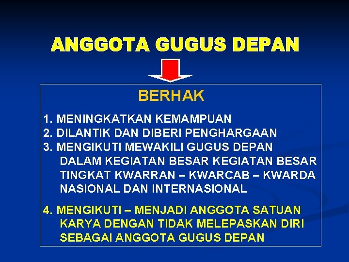 BERHAK 1. MENINGKATKAN KEMAMPUAN 2. DILANTIK DAN DIBERI PENGHARGAAN 3. MENGIKUTI MEWAKILI GUGUS DEPAN