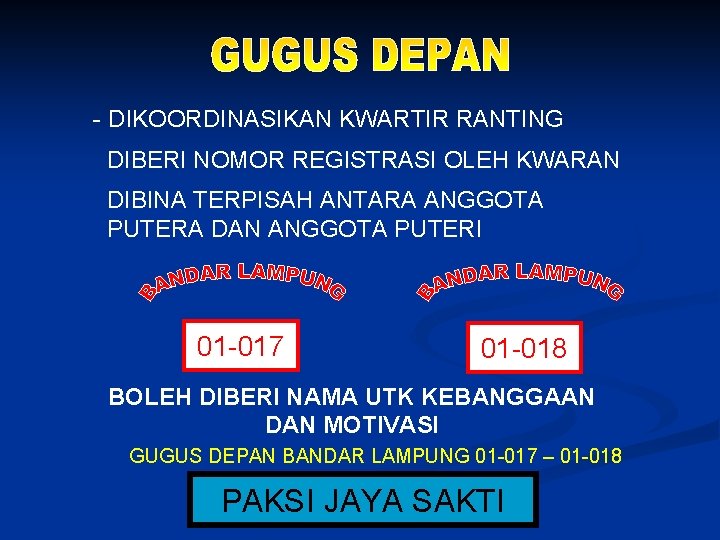 - DIKOORDINASIKAN KWARTIR RANTING DIBERI NOMOR REGISTRASI OLEH KWARAN DIBINA TERPISAH ANTARA ANGGOTA PUTERA