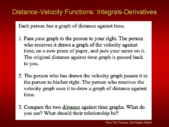 Distance-Velocity Functions: Integrals-Derivatives From TAS Seminar, Deb Hughes Hallett 