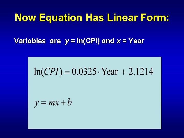 Now Equation Has Linear Form: Variables are y = ln(CPI) and x = Year