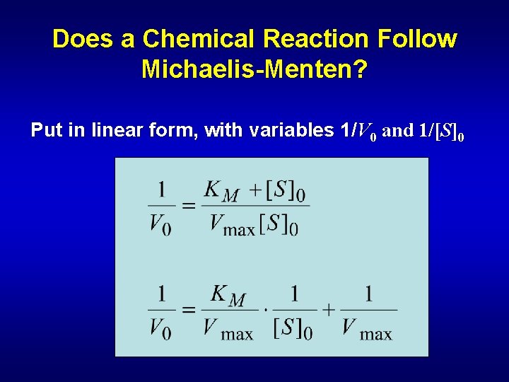 Does a Chemical Reaction Follow Michaelis-Menten? Put in linear form, with variables 1/V 0
