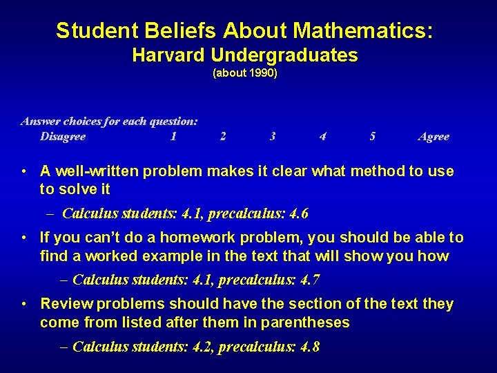 Student Beliefs About Mathematics: Harvard Undergraduates (about 1990) Answer choices for each question: Disagree