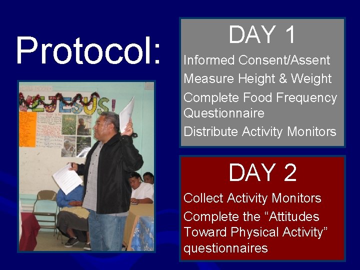 Protocol: DAY 1 Informed Consent/Assent Measure Height & Weight Complete Food Frequency Questionnaire Distribute
