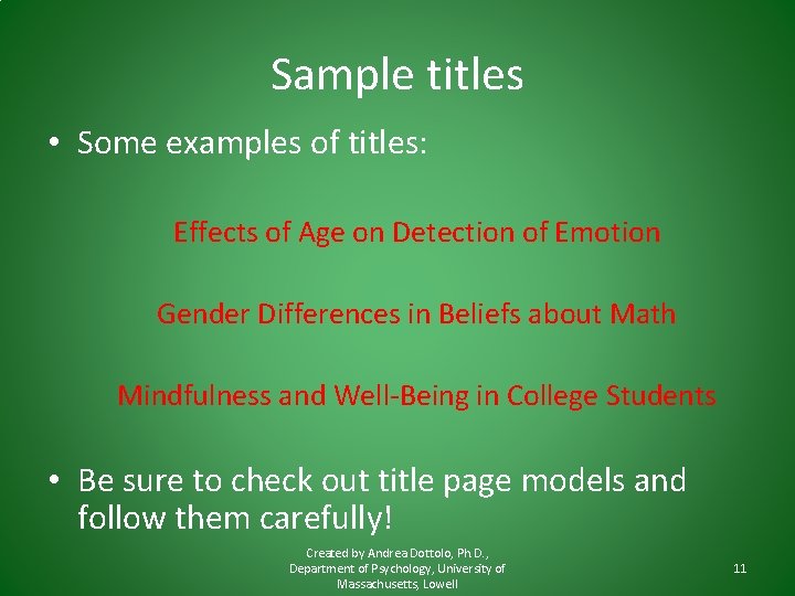 Sample titles • Some examples of titles: Effects of Age on Detection of Emotion Sample titles • Some examples of titles: Effects of Age on Detection of Emotion