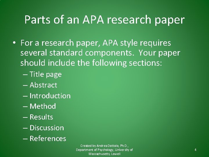 Parts of an APA research paper • For a research paper, APA style requires Parts of an APA research paper • For a research paper, APA style requires