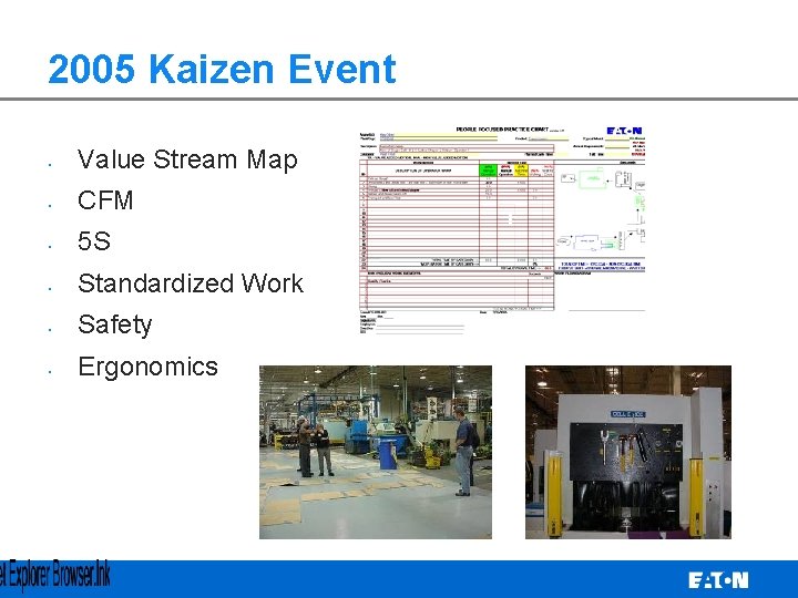 2005 Kaizen Event • Value Stream Map • CFM • 5 S • Standardized