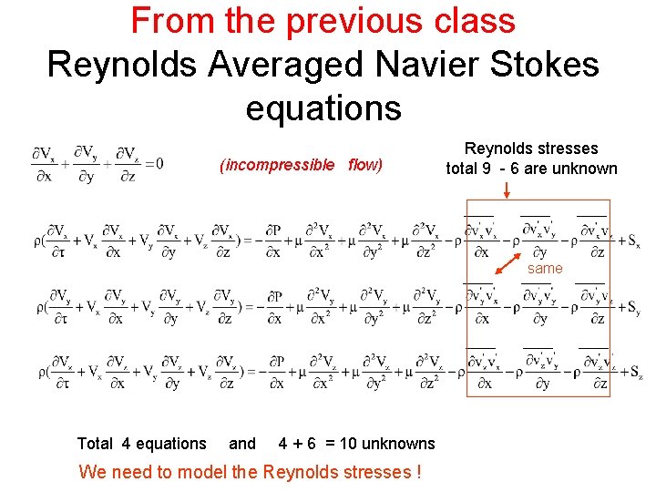 From the previous class Reynolds Averaged Navier Stokes equations (incompressible flow) Reynolds stresses total