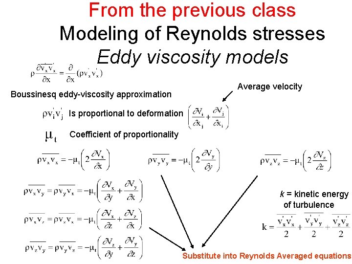 From the previous class Modeling of Reynolds stresses Eddy viscosity models Average velocity Boussinesq